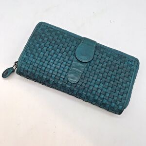 Ashwood Turquoise Woven Leather Zip Around Snap Wallet 8 x 4 Inch CC Organizer
